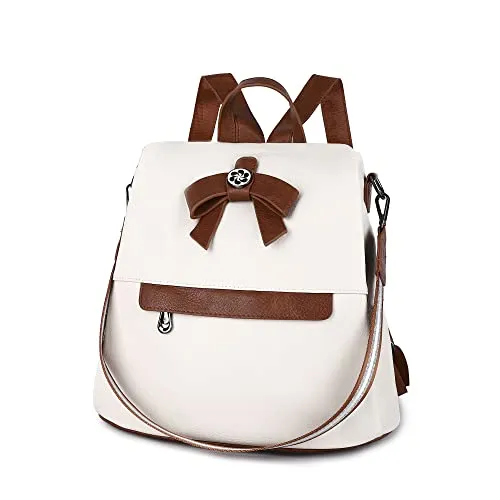 Backpack Purse for Women Fashion Backpack Purses PU Leather Daypacks Anti-Theft Shoulder Bag Satchel Purse(Beige/Brown)