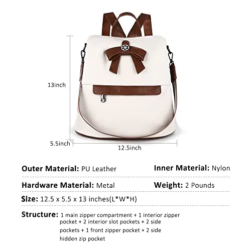 Backpack Purse for Women Fashion Backpack Purses PU Leather Daypacks Anti-Theft Shoulder Bag Satchel Purse(Beige/Brown)