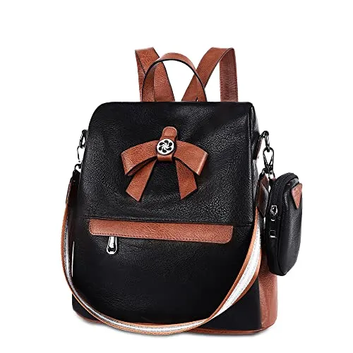 Backpack Purse for Women Fashion Backpack Purses PU Leather Daypacks Anti-Theft Shoulder Bag Satchel Purse(Black/Brown)