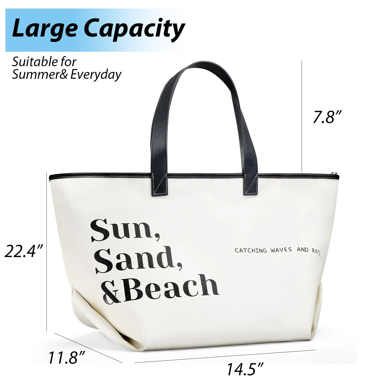 Beach Bags for Women, PU Leather Beach Bag,Large Waterproof Sandproof Beach Tote Bag for Summer Pool Travel with Zipper