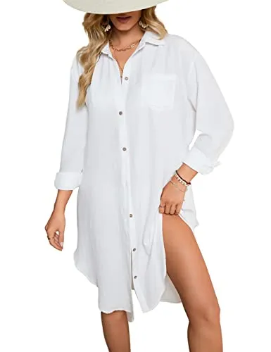 Button-Down Long Sleeve Swimsuit Cover Up for Women