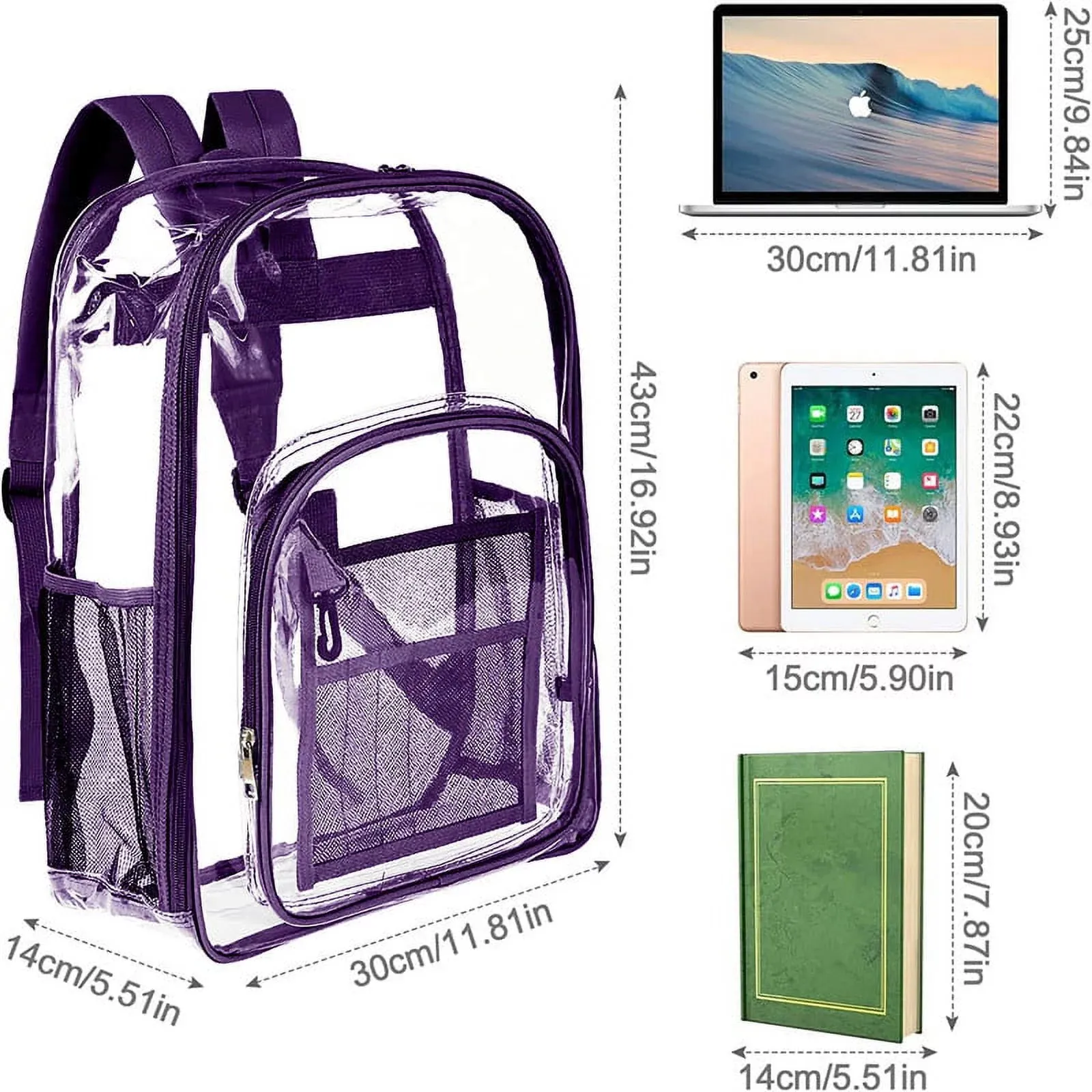 Clear Backpack Heavy Duty Stadium Approved PVC Transparent Backpacks for Kids Adults Clear School Bookbag with Reinforced Strap for School, Travel, Purple