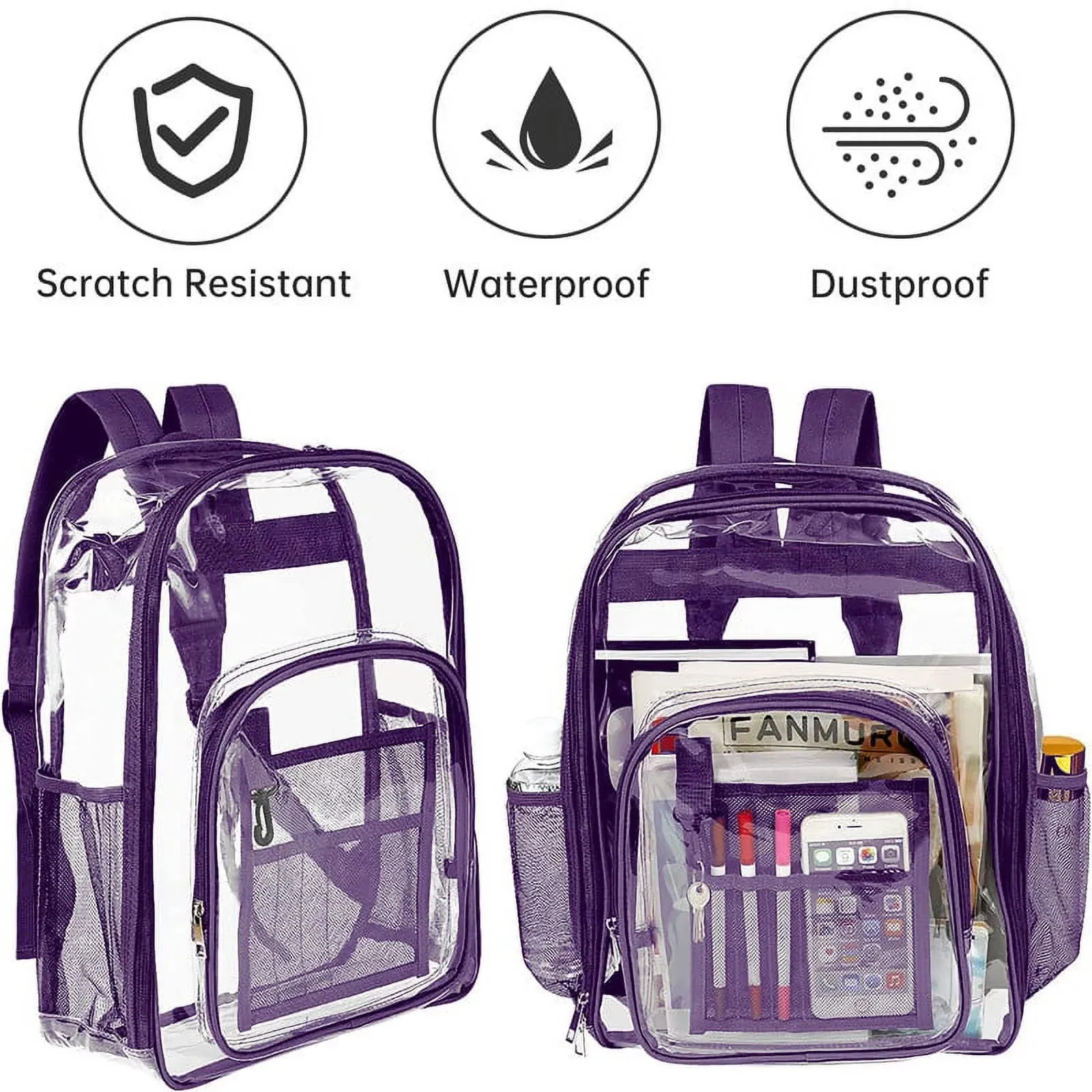 Clear Backpack Heavy Duty Stadium Approved PVC Transparent Backpacks for Kids Adults Clear School Bookbag with Reinforced Strap for School, Travel, Purple