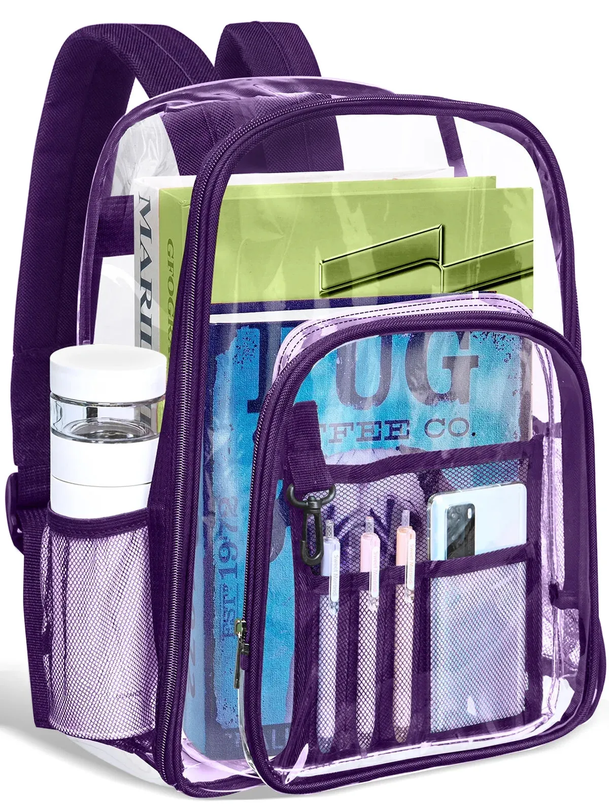 Clear Backpack Heavy Duty Stadium Approved PVC Transparent Backpacks for Kids Adults Clear School Bookbag with Reinforced Strap for School, Travel, Purple