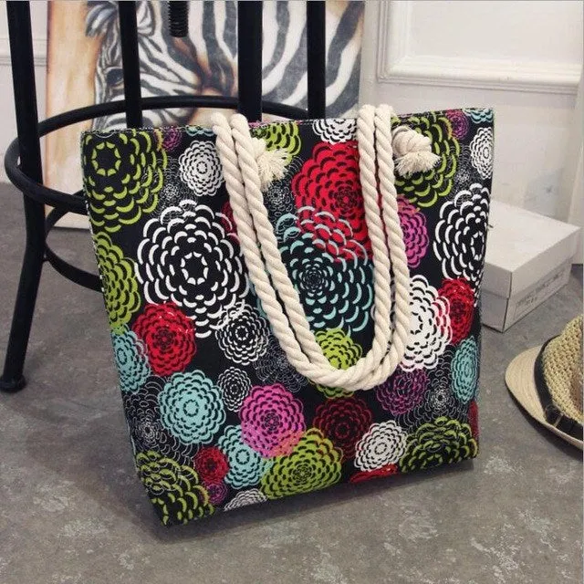 Graffiti Print Canvas Shoulder Handbag w/Twisted Rope Strap