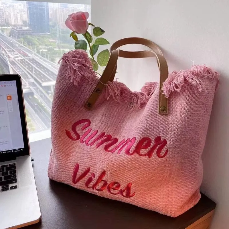 Letters Embroidery Canvas Beach Bag