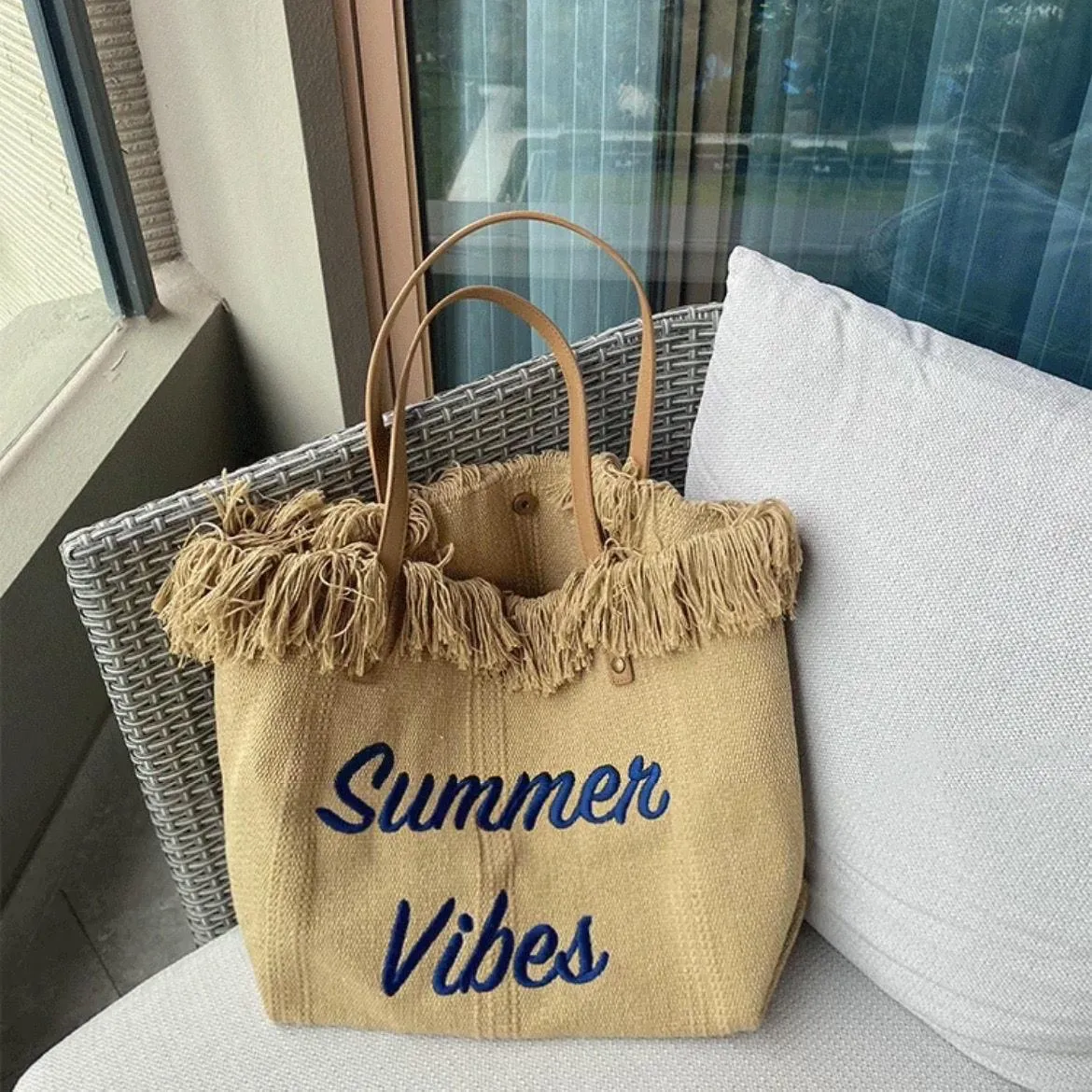 Letters Embroidery Canvas Beach Bag