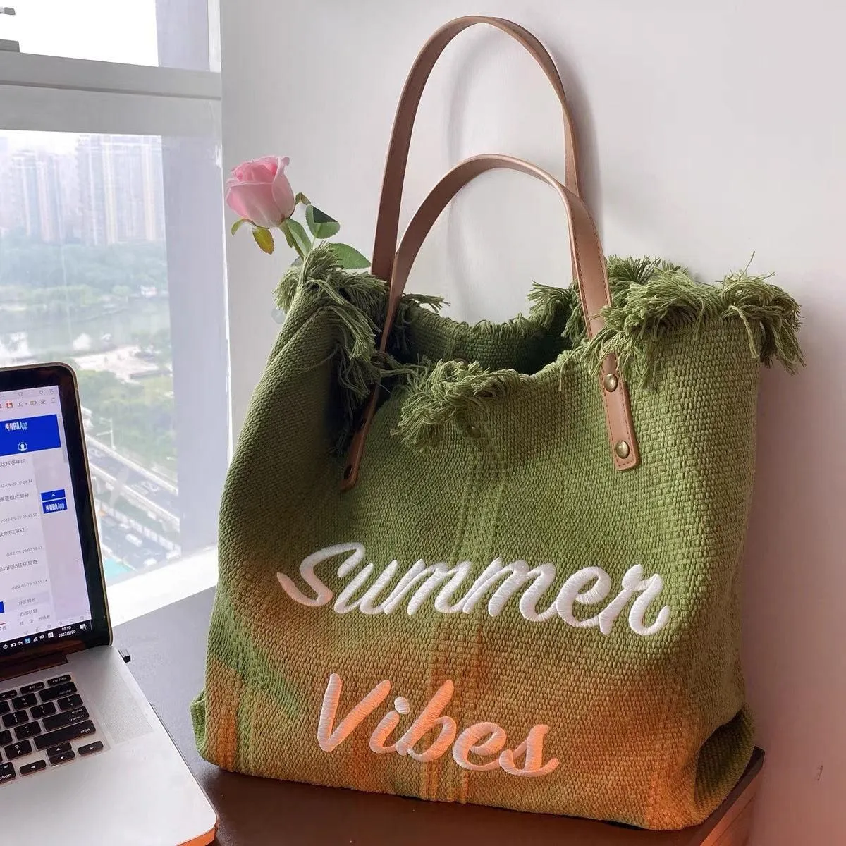 Letters Embroidery Canvas Beach Bag