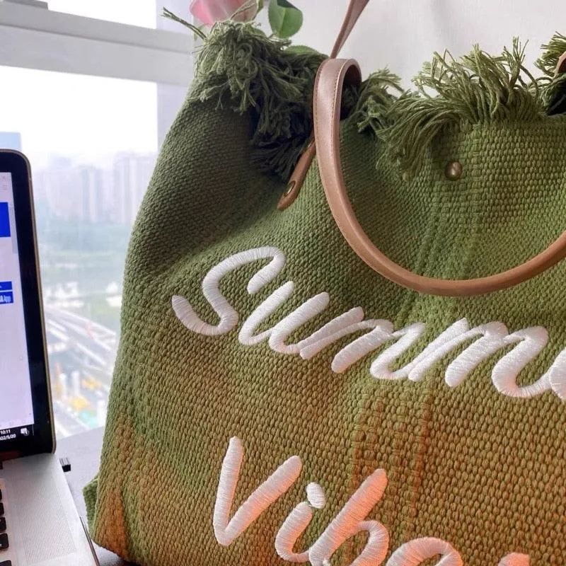 Letters Embroidery Canvas Beach Bag