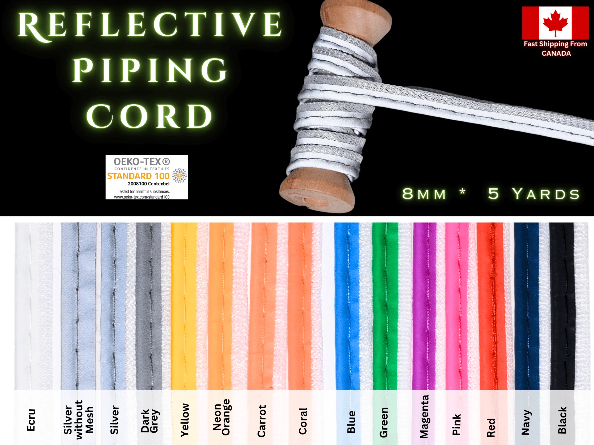 Reflective Piping Cord 8mm, 5 Yards Pack