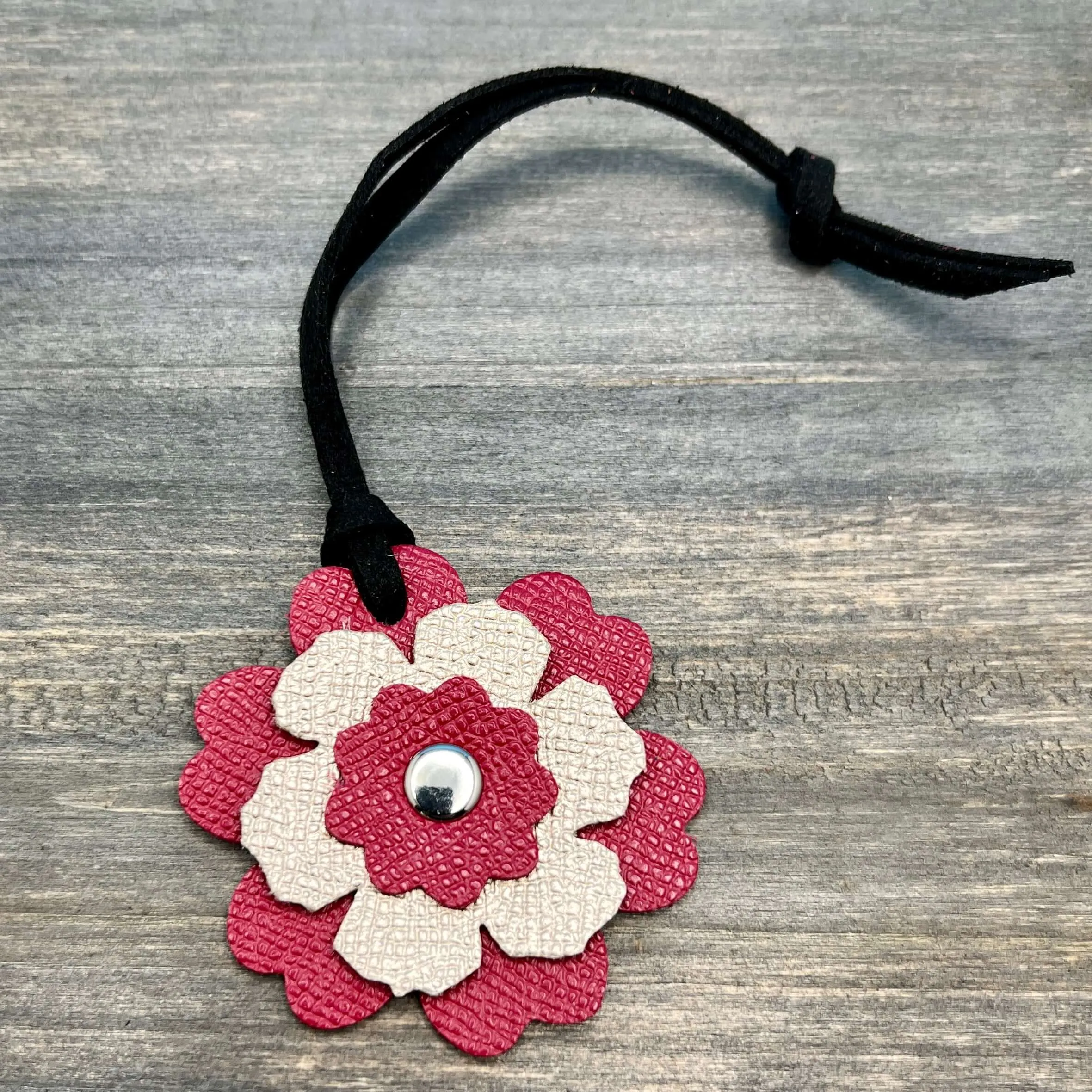 Small Leather Flower Purse Charm -  Berry Pink and Rose Gold