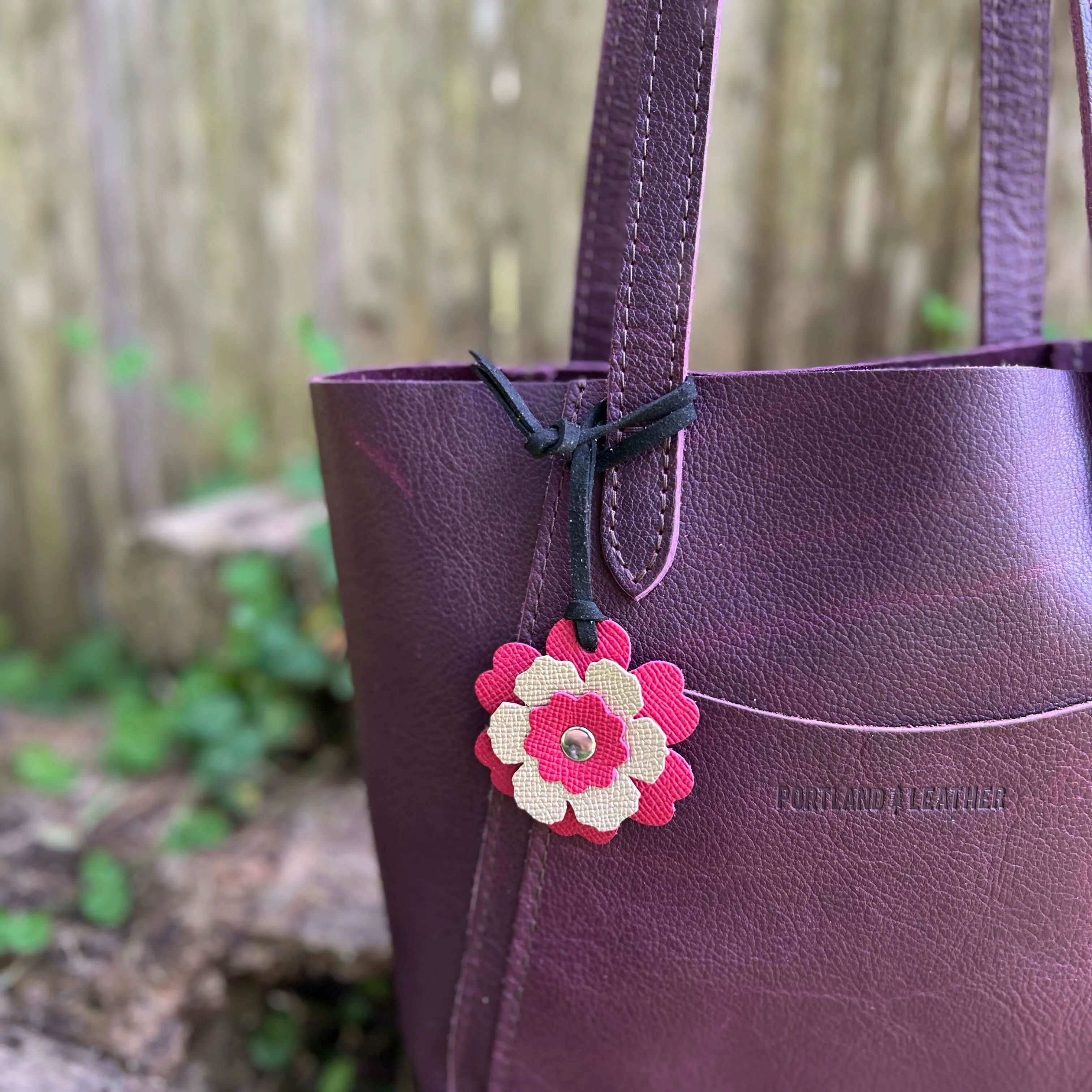 Small Leather Flower Purse Charm -  Berry Pink and Rose Gold