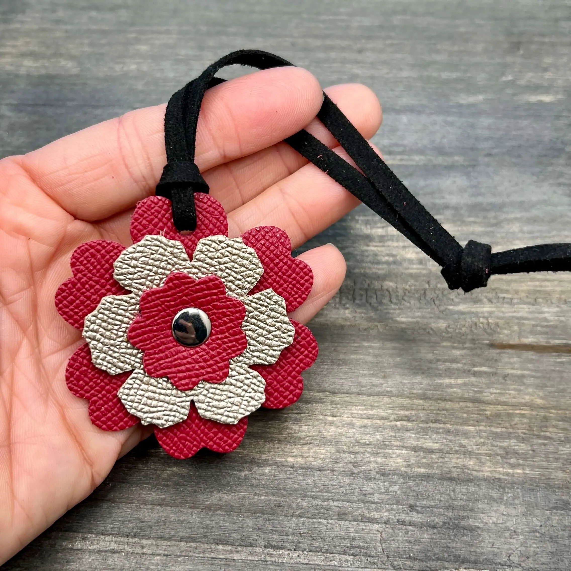 Small Leather Flower Purse Charm -  Berry Pink and Rose Gold