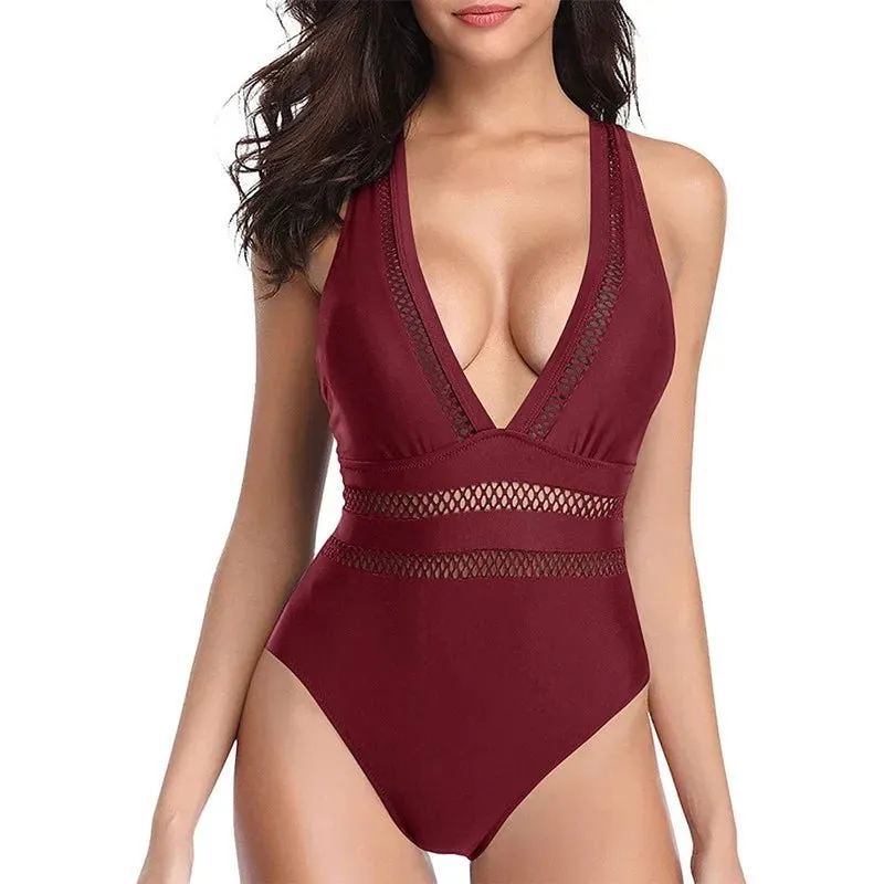 Women's Sexy V-Neck Beachwear: Stylish Bandeau Swimsuit for Summer