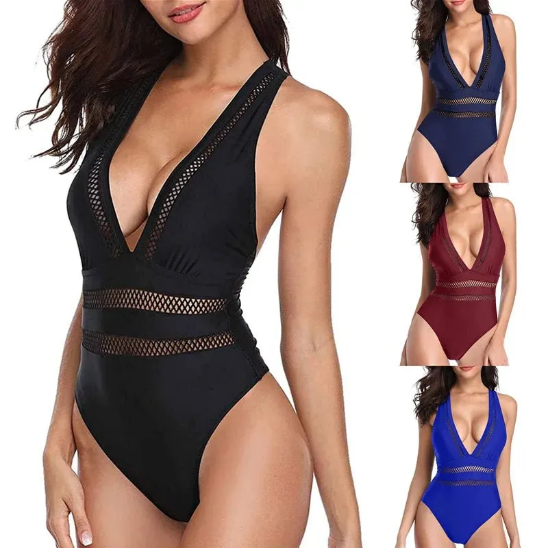 Women's Sexy V-Neck Beachwear: Stylish Bandeau Swimsuit for Summer